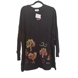 Quacker Factory NEW Cardigan Sweater Black With Sequin Trees Cotton Blend Beaded
